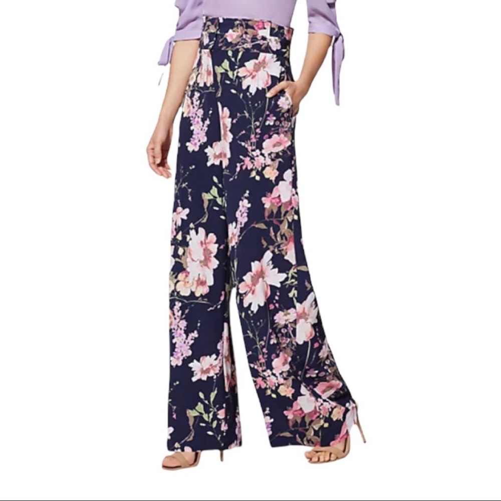 NWT New York & Company Colorful Floral Print High Waist Wide Leg Dress Pants 8